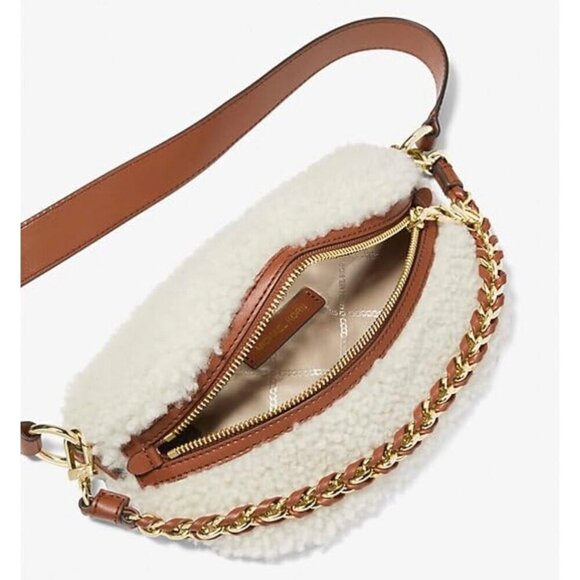 NWT MICHAEL KORS Sling Sherpa Gold Chain Messenger Handbag with Leather Trim - Picture 10 of 12